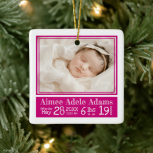 Baby Foto Birth Stats Ornament   Magenta Stripes
