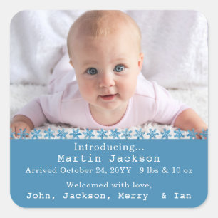 Baby-Foto Blau Jungen Schrift Geburtsname Ankündig Quadratischer Aufkleber