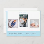 Baby Foto Blue Boy Script Stats Niedlich Birth Ankündigungspostkarte (Vorne/Hinten)