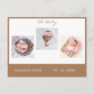 Baby Foto Brown Tan Boy oder Girl Script Birth Ankündigungspostkarte