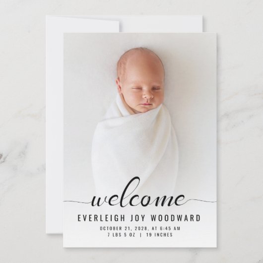 Baby Foto Calligraphy Black and White Birth Ankündigung (Vorderseite)