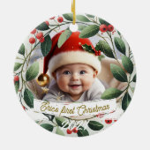Baby Foto Christmas Mistletoe Robin Wreath Keramik Ornament (Hinten)