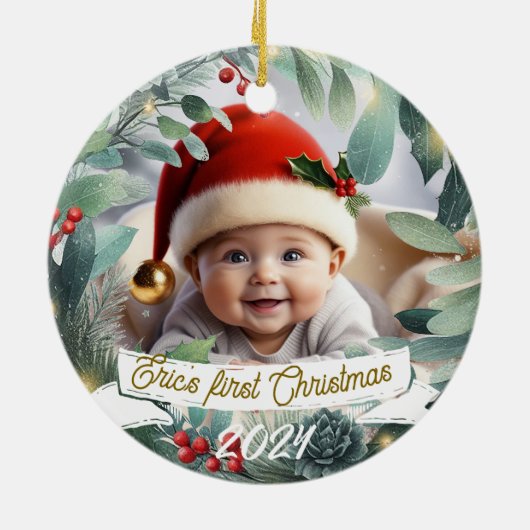 Baby Foto Christmas Mistletoe Wreath Keramik Ornament (Hinten)