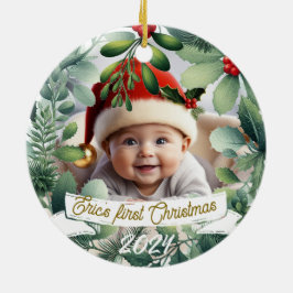 Baby Foto Christmas Mistletoe Wreath Keramik Ornament