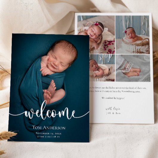 Baby Foto Collage Elegant Name Script Birth Ankündigung