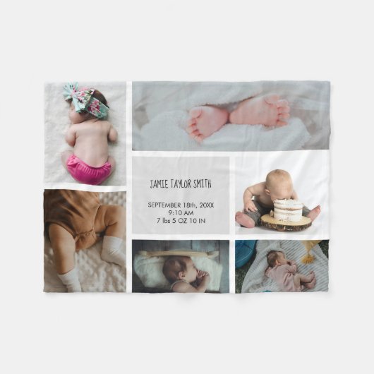 Baby Foto Collage Keepsake Name Birth Date Fleecedecke (Vorderseite (Horizontal))