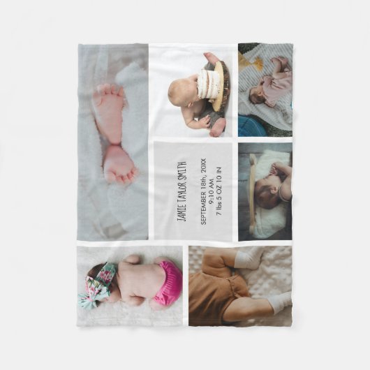 Baby Foto Collage Keepsake Name Birth Date Fleecedecke (Vorderseite)