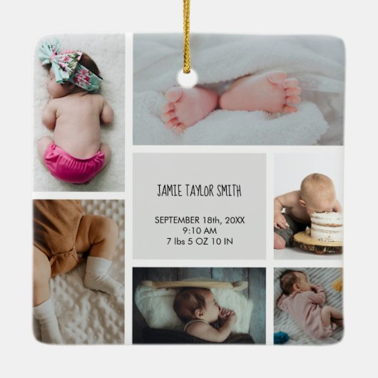 Baby Foto Collage Keepsake Name Birth Date Keramikornament (Rückseite)