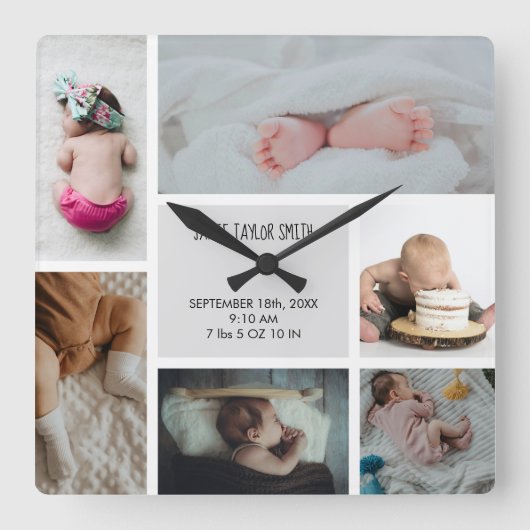 Baby Foto Collage Keepsake Name Birth Date Quadratische Wanduhr (Vorderseite)