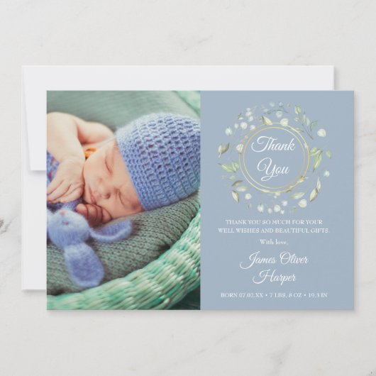 Baby Foto Danke Greenery Dusty Blue Birth Ankündigung (Vorderseite)