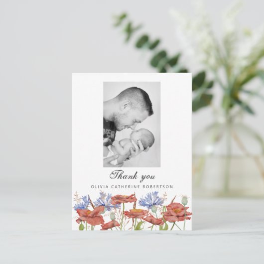 Baby Foto dankt Wildblume Geburtsankündigung Postkarte (Stehend Vorderseite)