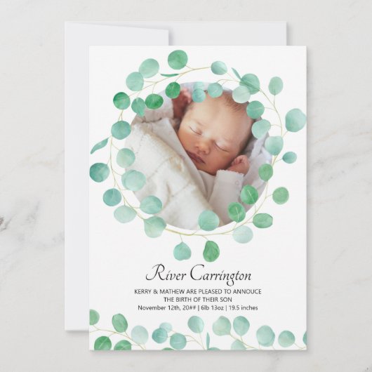 Baby Foto Eucalyptus Greenery Unisex Birth Ankündigung (Vorderseite)