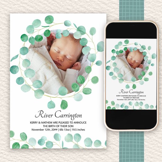 Baby Foto Eucalyptus Greenery Unisex Birth Ankündigung