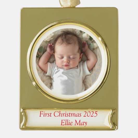 Baby Foto First Christmas Deer Banner-Ornament Gold (Vorderseite)