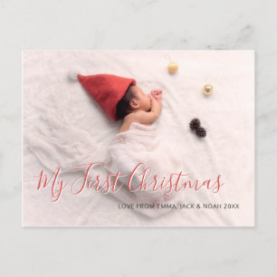 Baby Foto First Christmas Red Script Holiday Ankündigungspostkarte