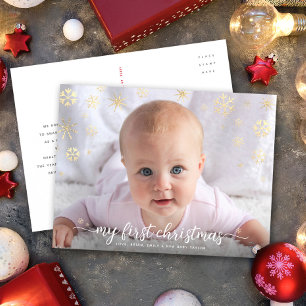Baby Foto First Christmas Script Gold Snowflakes Feiertagspostkarte