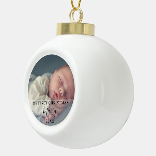 Baby Foto First Christmas Script Keramik Kugel-Ornament (Rechts)