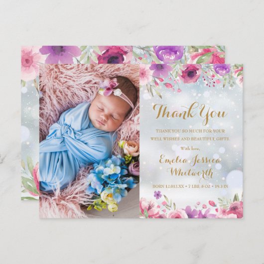 Baby Foto Floral Winter Schnee Danke, dass Sie geb Ankündigungspostkarte (Vorne/Hinten)