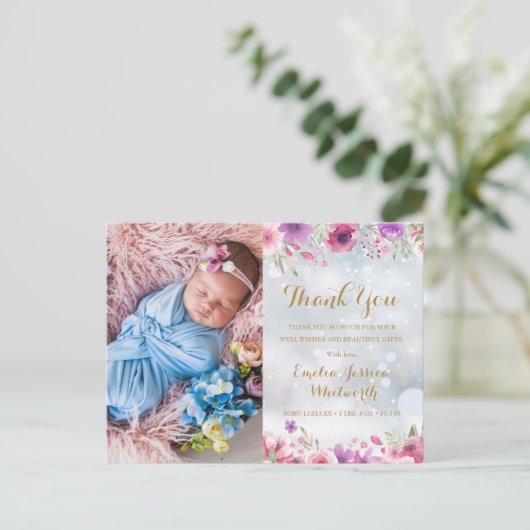 Baby Foto Floral Winter Schnee Danke, dass Sie geb Ankündigungspostkarte (Stehend Vorderseite)
