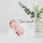 Baby Foto Geburtsankündigung Ich bin angekommen Ankündigungspostkarte (Stehend Vorderseite)