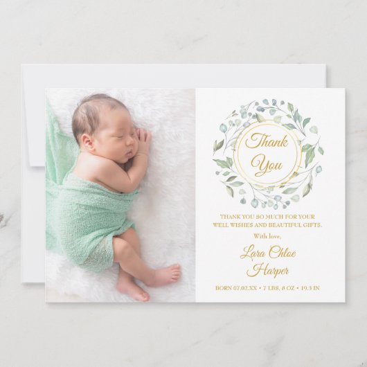 Baby Foto Gold Vielen Dank Grüne Floral Birth Ankündigung (Vorderseite)