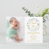 Baby Foto Gold Vielen Dank Grüne Floral Birth Ankündigung (Stehend Vorderseite)
