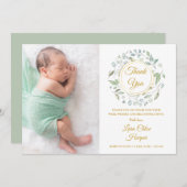 Baby Foto Gold Vielen Dank Grüne Floral Birth Ankündigung (Vorne/Hinten)