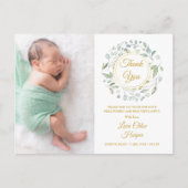 Baby Foto Greenery Floral Gold Vielen Dank für Ihr Ankündigungspostkarte (Vorderseite)