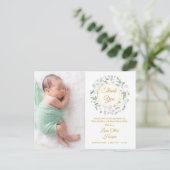 Baby Foto Greenery Floral Gold Vielen Dank für Ihr Ankündigungspostkarte (Stehend Vorderseite)