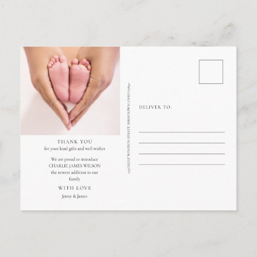 Baby Foto Greenery Snow Winter Birth Vielen Dank Postkarte (Rückseite)