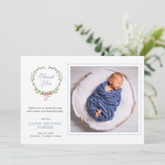 Baby Foto grün Vielen Dank Ankündigung (Stehend Vorderseite)