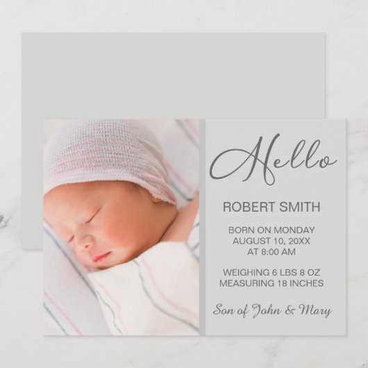 Baby Foto Hello Script Geburtserklärung (Vorne/Hinten)