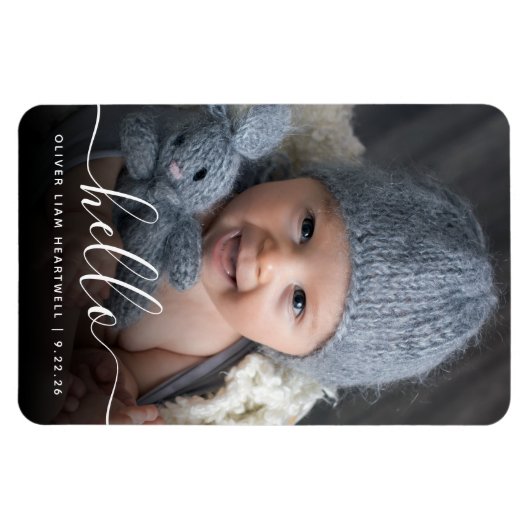 Baby Foto Hello White Script Ankündigung Magnet (Horizontal)