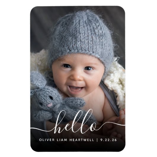 Baby Foto Hello White Script Ankündigung Magnet (Vertikal)