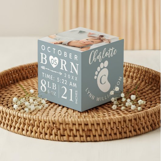Baby Foto Keepake & Birth Stats Blue Monogram Würfel