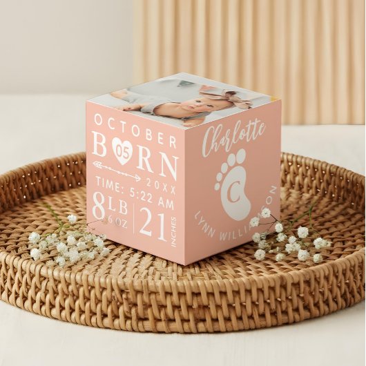 Baby Foto Keepake & Birth Stats Pink Monogram Würfel