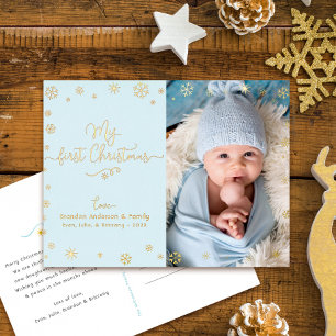 Baby-Foto Mein erstes Weihnachten Aqua-Blau echtes Folien Feiertagspostkarte
