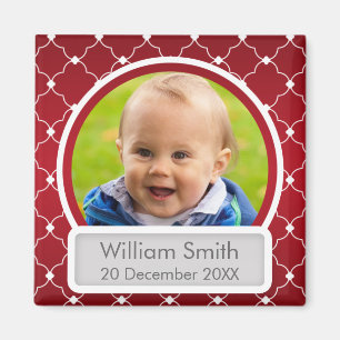 Baby-Foto mit Name u. Datum Quatrefoil Rot Magnet