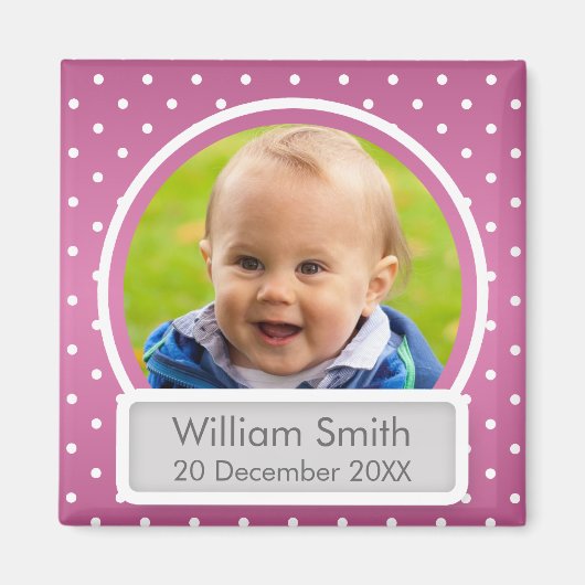 Baby Foto mit Name und Datum Polka Dot Pink Magnet (Vorne)