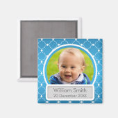Baby Foto mit Name und Datum Quatrefolie blau Magnet (Vorderseite/Rückseite)