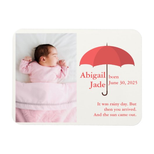 Baby Foto mit Name und Datum unter Red Umbrella Magnet (Horizontal)