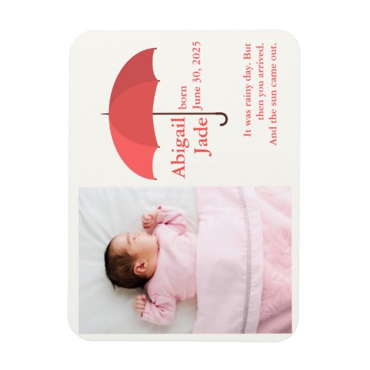 Baby Foto mit Name und Datum unter Red Umbrella Magnet (Vertikal)