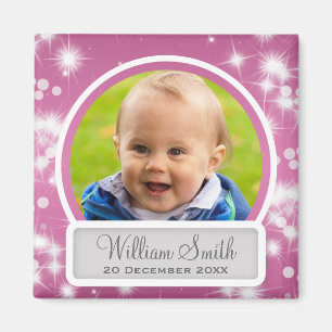 Baby-Foto mit Namen-u. Datums-Winter-Schein-Rosa Magnet