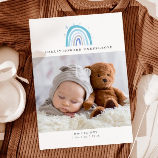 Baby Foto Modern Blue Rainbow Birth Ankündigung