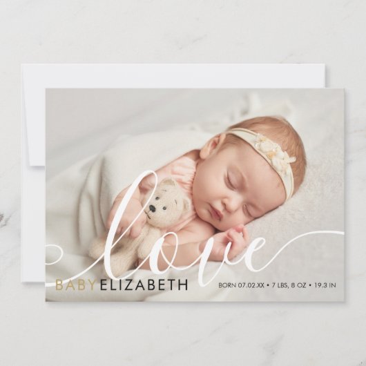 Baby Foto Moderne Script Liebe Elegante Geburt Ankündigung (Vorderseite)
