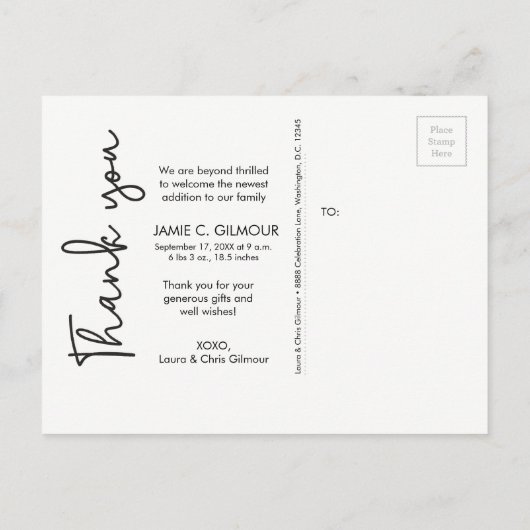 Baby Foto Modernes Geburtsdatum Ankündigung einfac Postkarte (Rückseite)