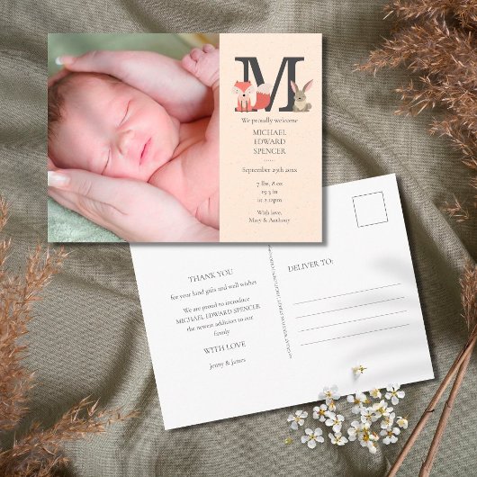 Baby Foto Monogram Birth Ankündigung Postkarte