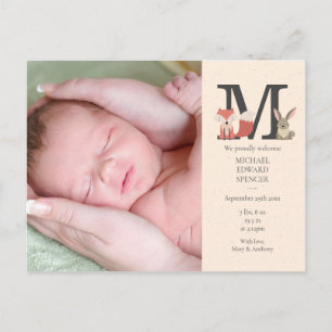Baby-Foto-Monogramm Waldtiere Geburt Ankündigungspostkarte