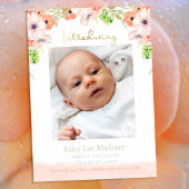 Baby Foto Peach Floral Moderne Geburt Ankündigung