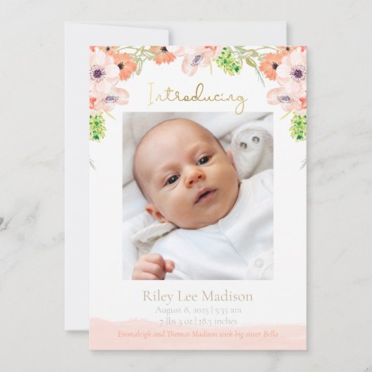 Baby Foto Peach Floral Moderne Geburt Ankündigung (Vorderseite)
